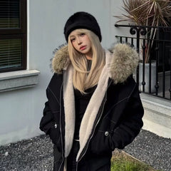 Hooded Stand Collar Plush Coat
