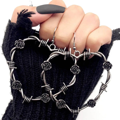 Punk Star Cross Silver Hollow Heart Earring