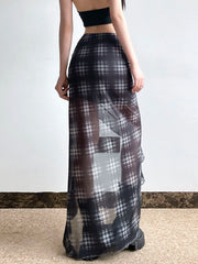 Plaid Drawstring See Through Skirt