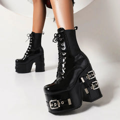 Metal Belt Buckle Thick Heel Gothic Ankle Boot