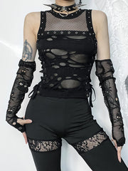 Cyber Y2K Hole Mesh Patchwork Sexy Crop Top