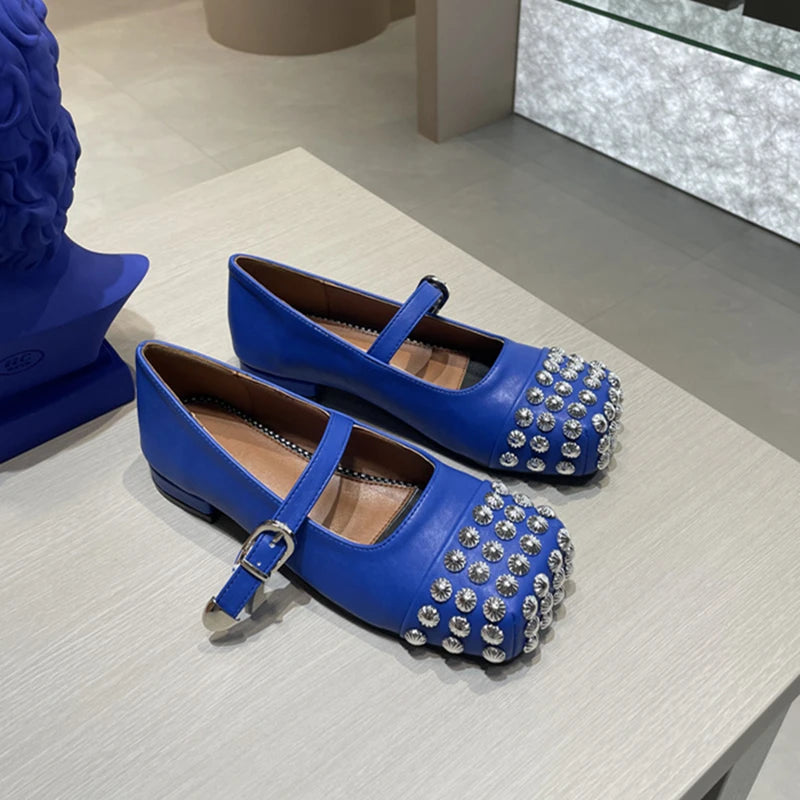 Rivet Cross Strap Square Toe Loafers Flat