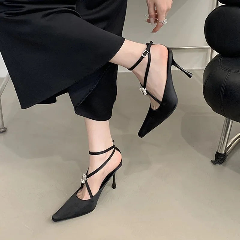 Rhinestone Gothic Black Satin Mary Janes High Heel