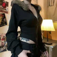 Fur Collar Zip Hooded Jacket