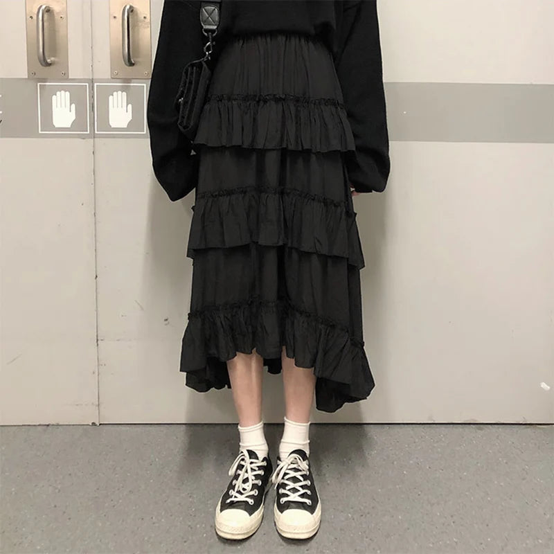 Gothic High Low Ruched Ruffle Skirt
