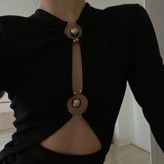 Hollow Out Metal Ring Connection Long Sleeve Crop Top