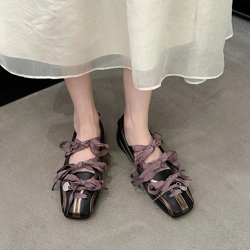 Spring Color Matching Small Square Bow Lazy Slip-On Flat