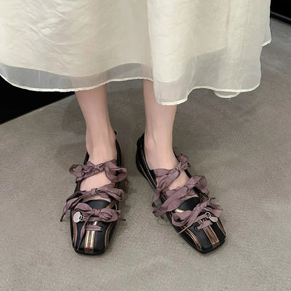 Spring Color Matching Small Square Bow Lazy Slip-On Flat