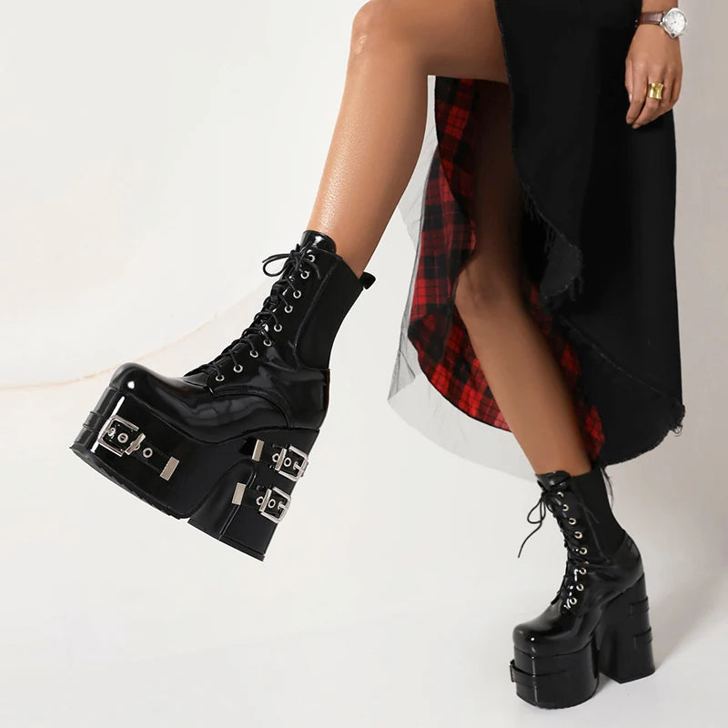 Metal Belt Buckle Thick Heel Gothic Ankle Boot