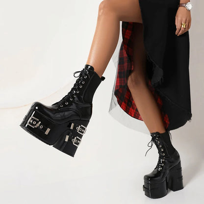 Metal Belt Buckle Thick Heel Gothic Ankle Boot