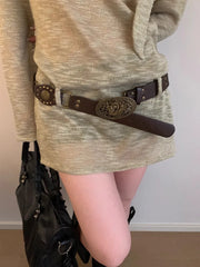 Retro Y2K Gothic Bohemian Wide Brown Belt