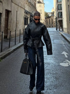 Solid Black Belted Leather Jacket