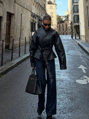 Solid Black Belted Leather Jacket