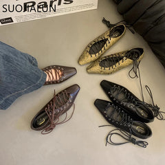 SUOJIALUN 2025 Spring Lace-Up Pointed Toe Casual Flat