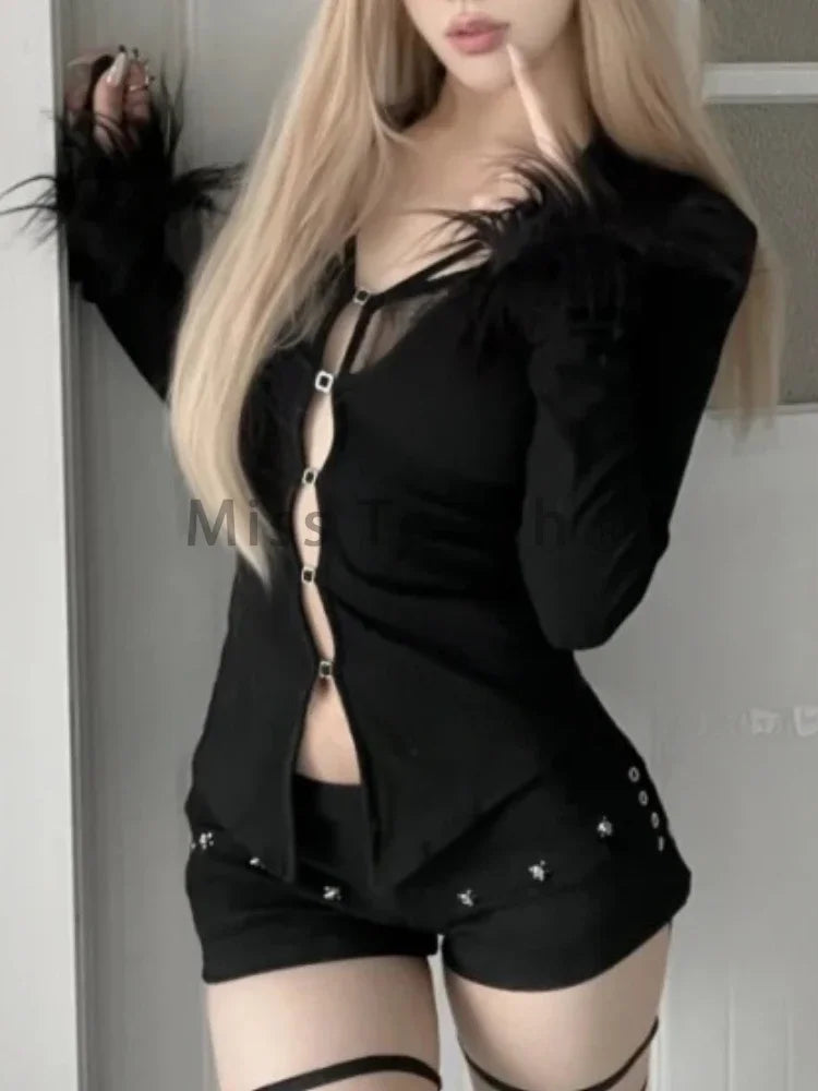 Grunge Gothic Black V-neck Lace Blouse