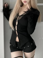 Grunge Gothic Black V-neck Lace Blouse