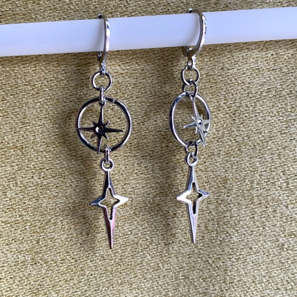 Punk Star Cross Silver Hollow Heart Earring
