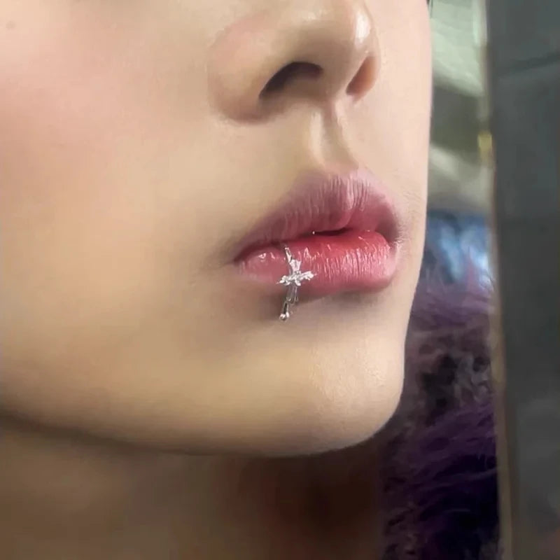 White Zirconia Cross Silver Punk Lip Stud