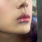 White Zirconia Cross Silver Punk Lip Stud