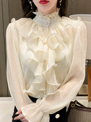 Ruffled Flare Sleeve Mesh Blouse