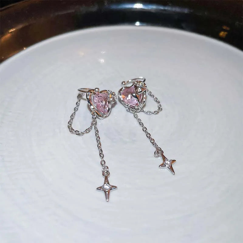 Pink Crystal Heart Star Tassel Clip Earring