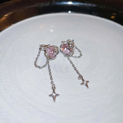 Pink Crystal Heart Star Tassel Clip Earring