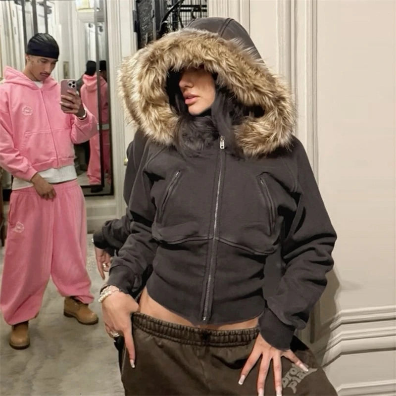 Faux Fur Trim Hooded Crop Jacket