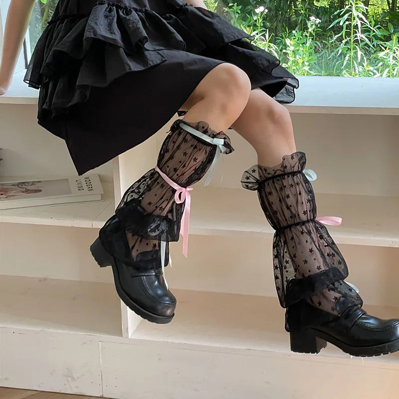 Gothic Ribbon Bow Lace Floral Sock