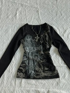 Gothic V-neck Graphic Cotton T-shirt