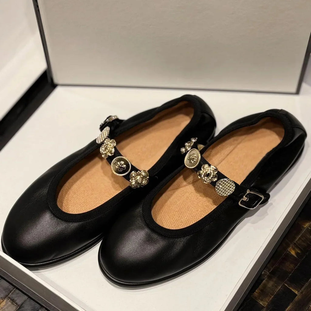 Soft Soled Genuine Leather Small Gold Buckle Ballet Flat