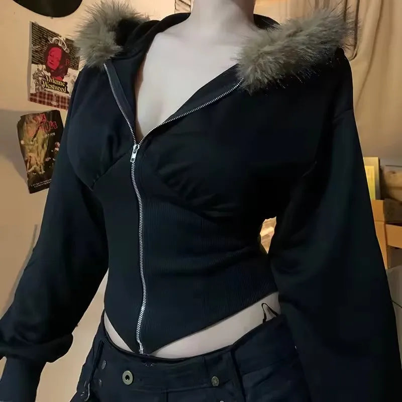 Fur Collar Zip Hooded Jacket Secondary image