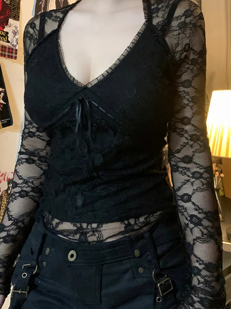 Lace Trim Long Sleeve Mesh Top Secondary image