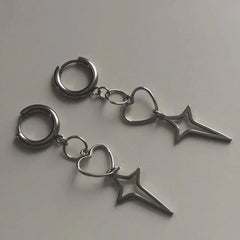 Punk Star Cross Silver Hollow Heart Earring