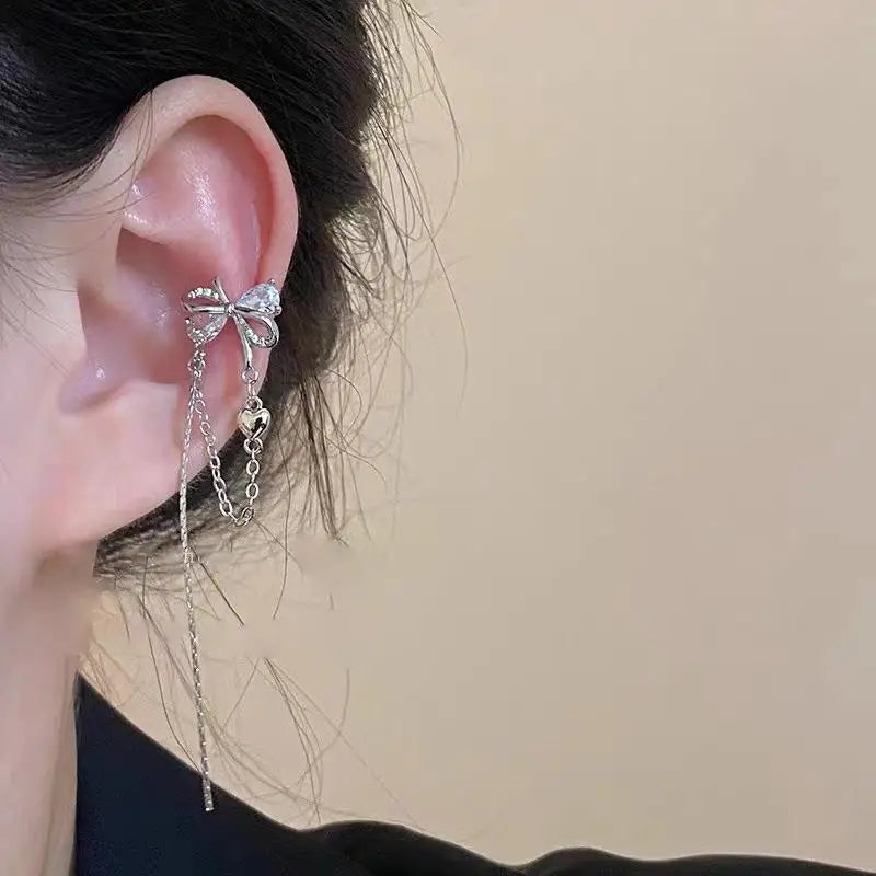 Pink Crystal Heart Star Tassel Clip Earring