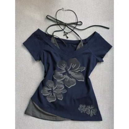 Gothic Print Fake Two-piece Black Crop Top