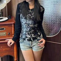 Vintage Gothic Black V-neck Blouse