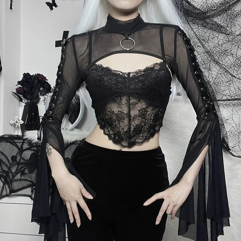 Black Mesh Lace Up Flared Blouse Main image