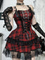 Red Plaid Lace Patchwork PU Strap High Waist Mini Dress
