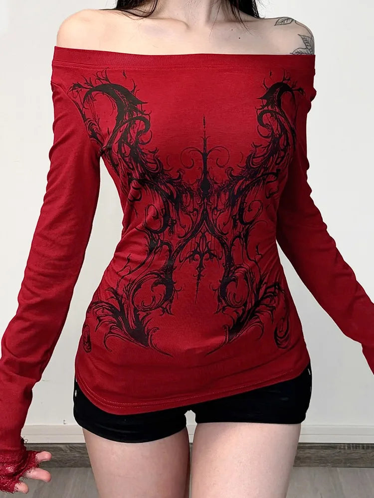 Vintage Gothic Off-shoulder Red Long-sleeve Knit Top Main image