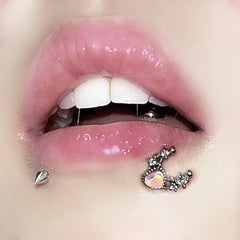 Zircon Heart Moon Shape Silver Steel Lip Stud