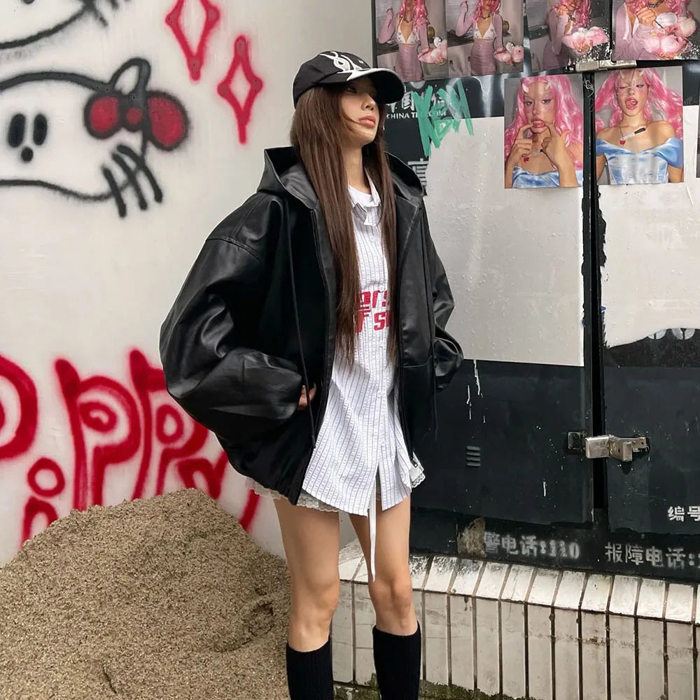 Black PU Loose Fit Hooded Jacket Main image