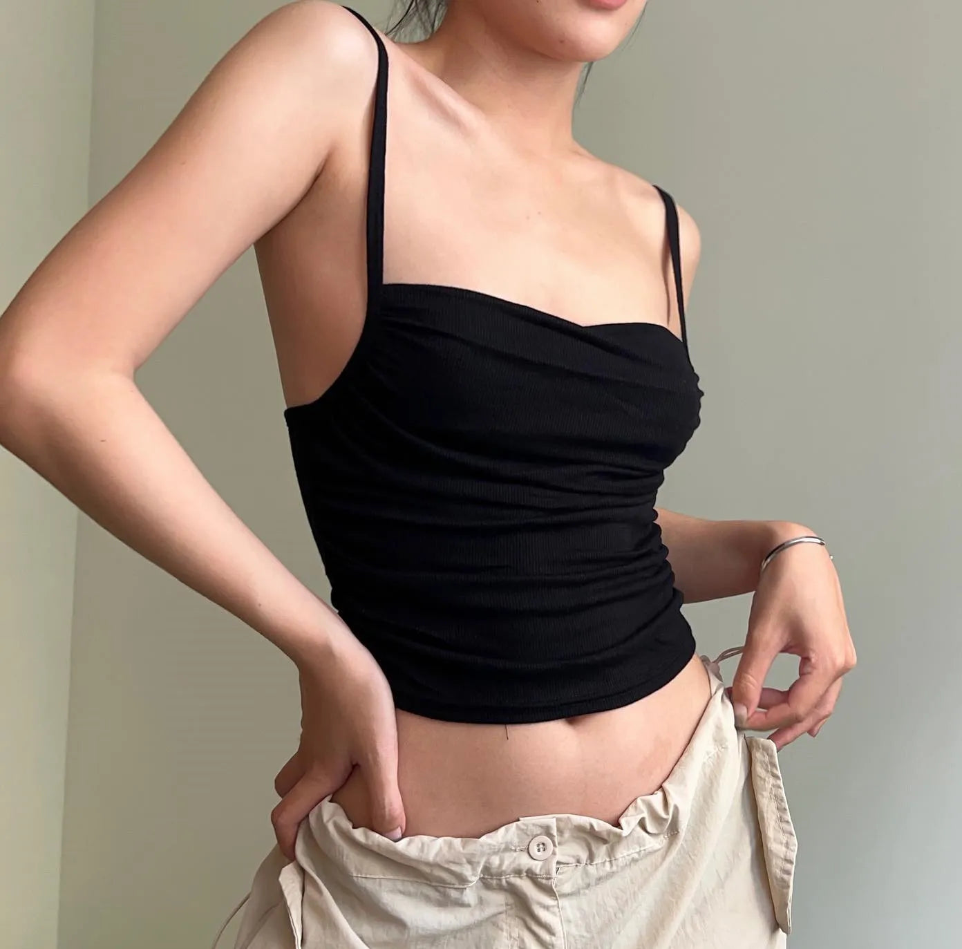 Spaghetti Straps Ruched Casual Backless Crop Top
