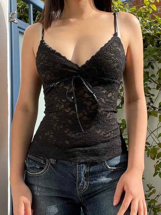 Vintage Black Lace Spaghetti Strap Crop Top