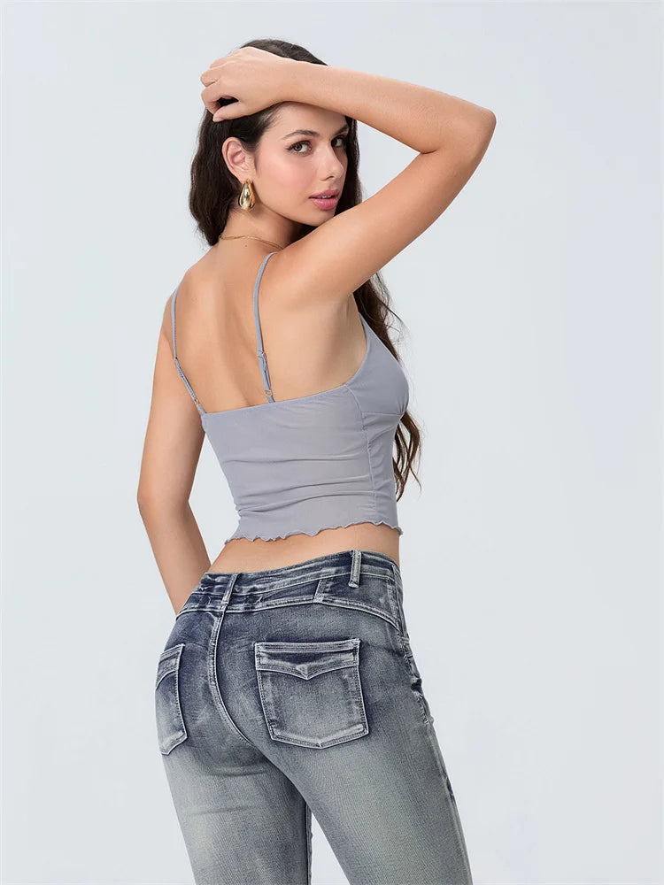 Tulle Patchwork Slim Fit Crop Top