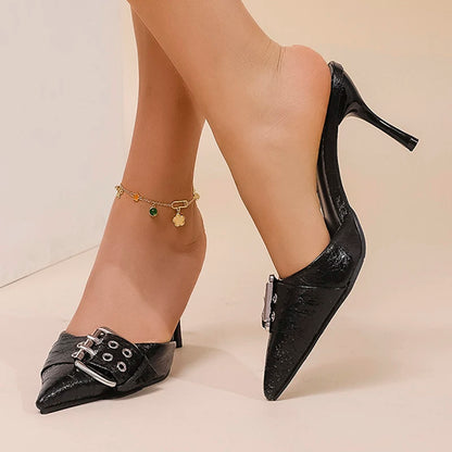 Buckle Decor Gothic Pointed Toe Black High Heel