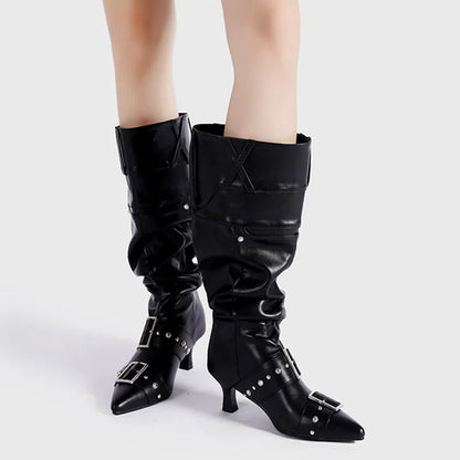 Pointed Toe Metal Rivet Gothic Knee-High Boot