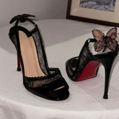 Cutout Lace Bow Gothic Slingback Sandals High Heel