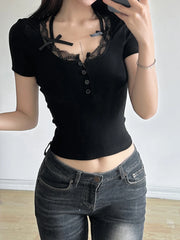 Lace Trim Bow Button Up Y2K Crop Top