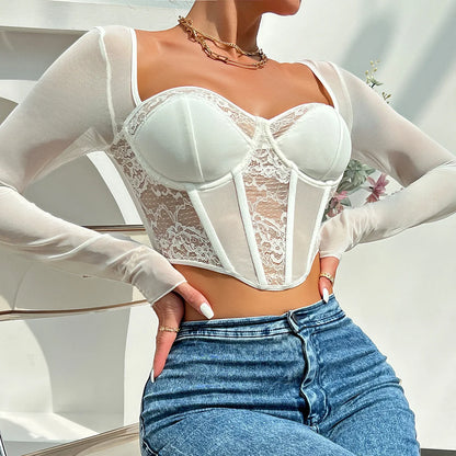 V Neck Long Sleeve Mesh Crop Top