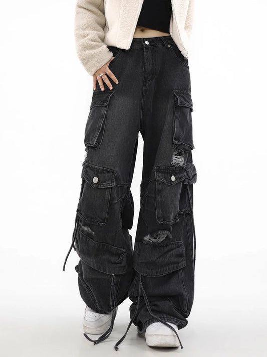 Retro Gothic Wide-Leg Black Denim Pant